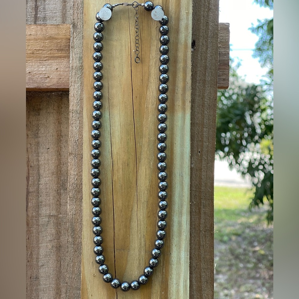 Hematite bead necklace with sterling silver adjustable closure